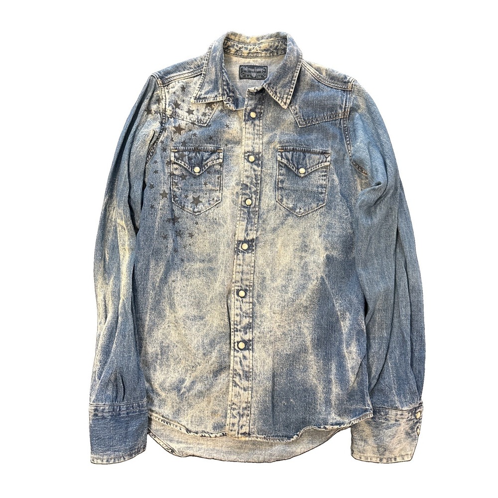 Hollywood Trading Company Denim Shirt With Stars Size Medium Made In Italy Rare